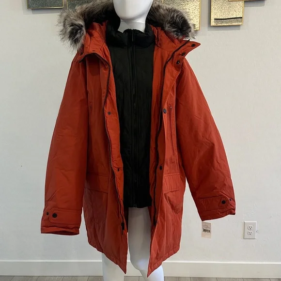 London Fog Men's Orange Puffer Jacket with Faux Fur Trim - Picture 4 of 13